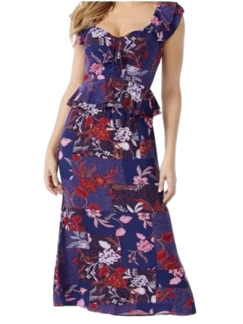 Sofia Vergara Floral Ruffled Peplum Sweetheart Midi Dress Navy Blue Size Large